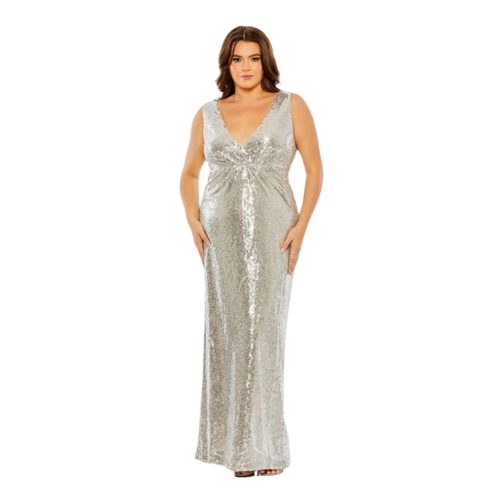 Mac Duggal Nude Silver Sequined V-Neck Gown Back Cut Out Size 18W $398